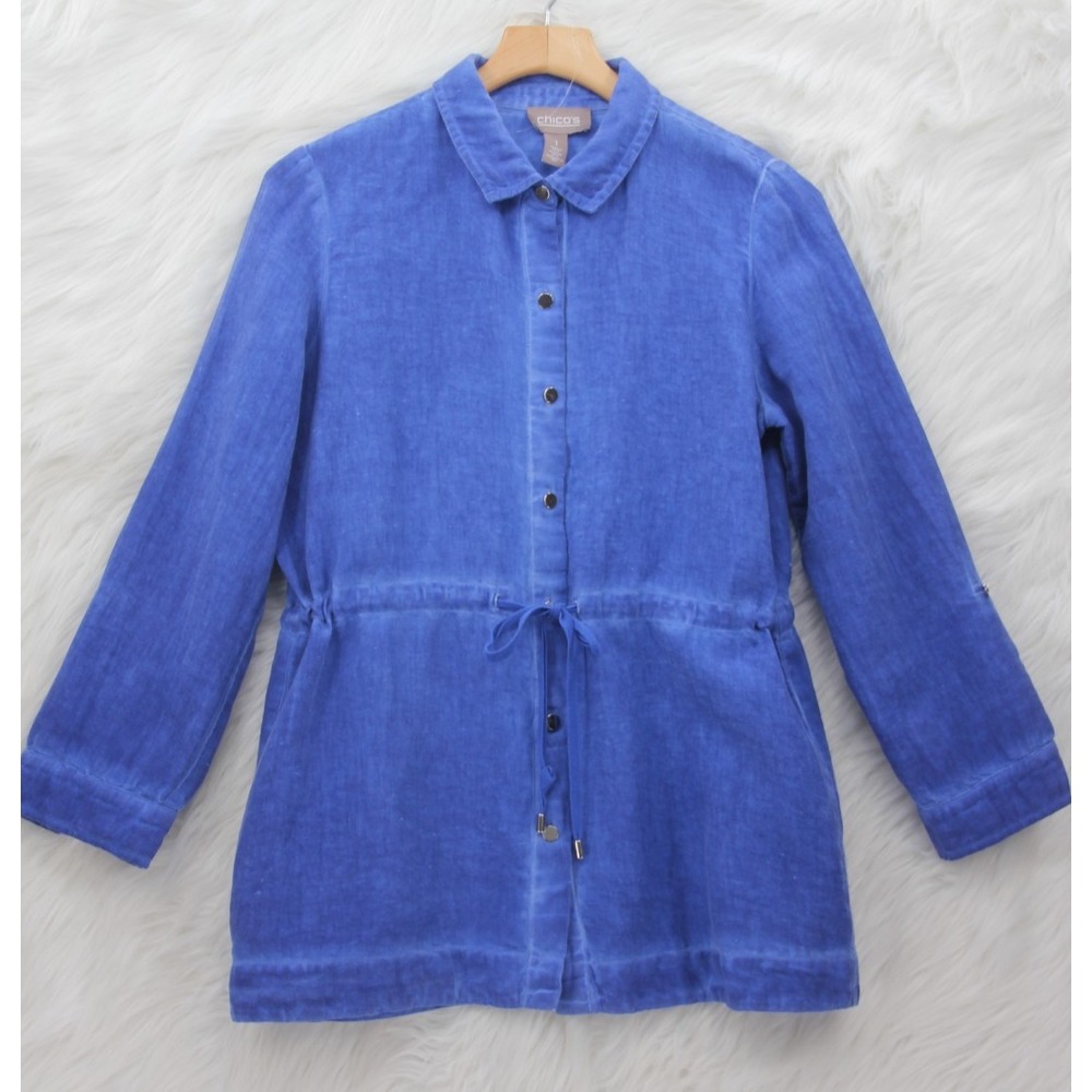 Chicos Button Front 100% Linen Shirt Jacket Blue Casual Womens Medium 1 Coastal - Picture 3 of 14